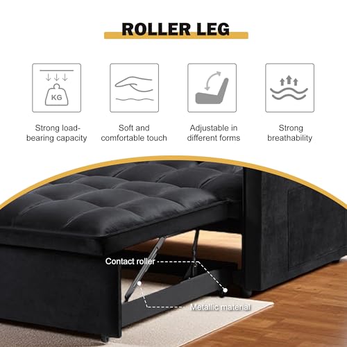 3 in 1 Sleeper Sofa Bed, Futon Sofa Bed for Living Room with Side Pocket, Black Sleepers Sofa Couch with Pullout Bed, Convertible Love Seat Sleepers Bed for Living Room, Bedroom, Small Space
