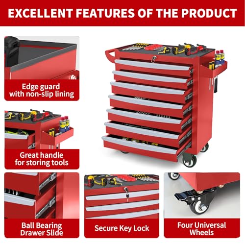 Rolling Tool Chest, Metal Tool Box with 5 Drawers, Lockable Garage Storage Cabinets Sliding Tool Drawer Cart on Wheels Toolbox Organization Workbench for Workshop Warehouse Repair Shop