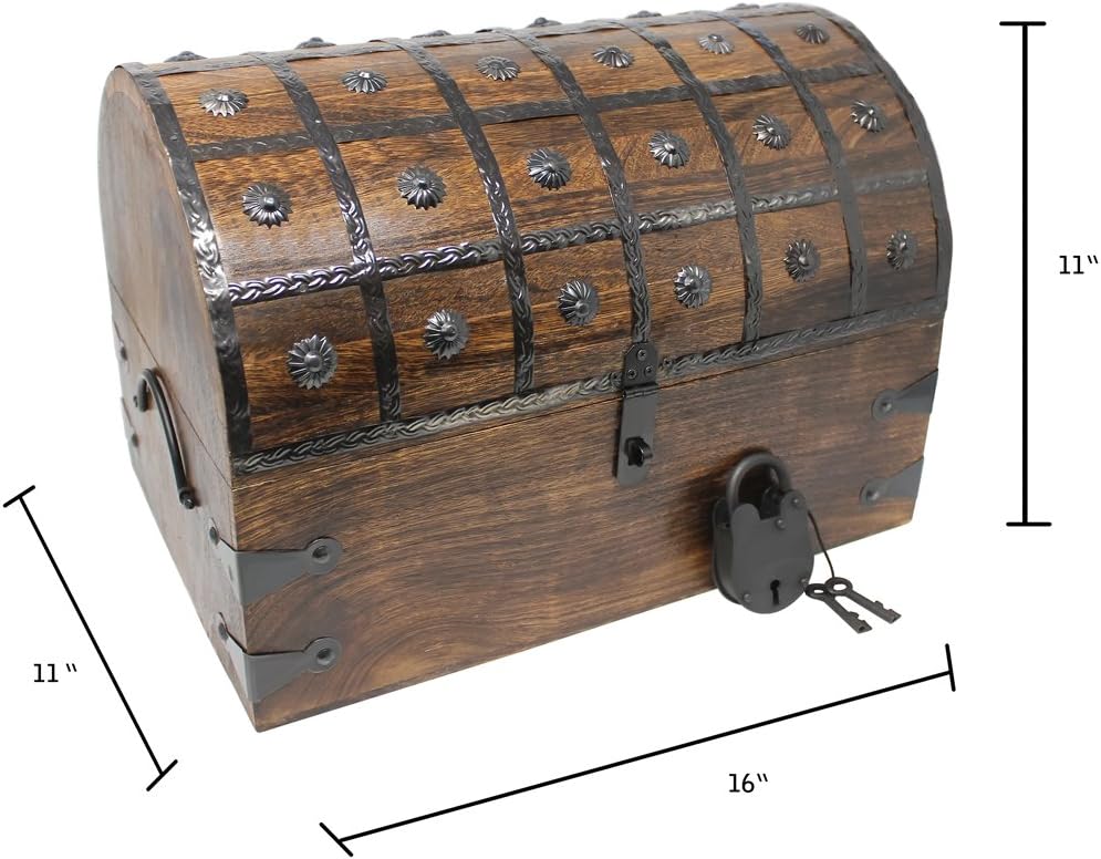 Nautical Cove Pirate Treasure Chest with Iron Lock and Skeleton Key - Storage and Decorative Box (X-Large 16 x 11 x 10.5) Pack of 2