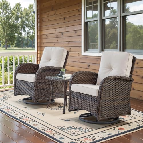 Patio Wicker Chairs Swivel Rocker - Outdoor Swivel Rocking Chairs Set of 2 with Rattan Side Table, Patio Swivel Glider Chair 3 Piece Patio Furniture Sets for Deck Porch Pool Brown/Blue