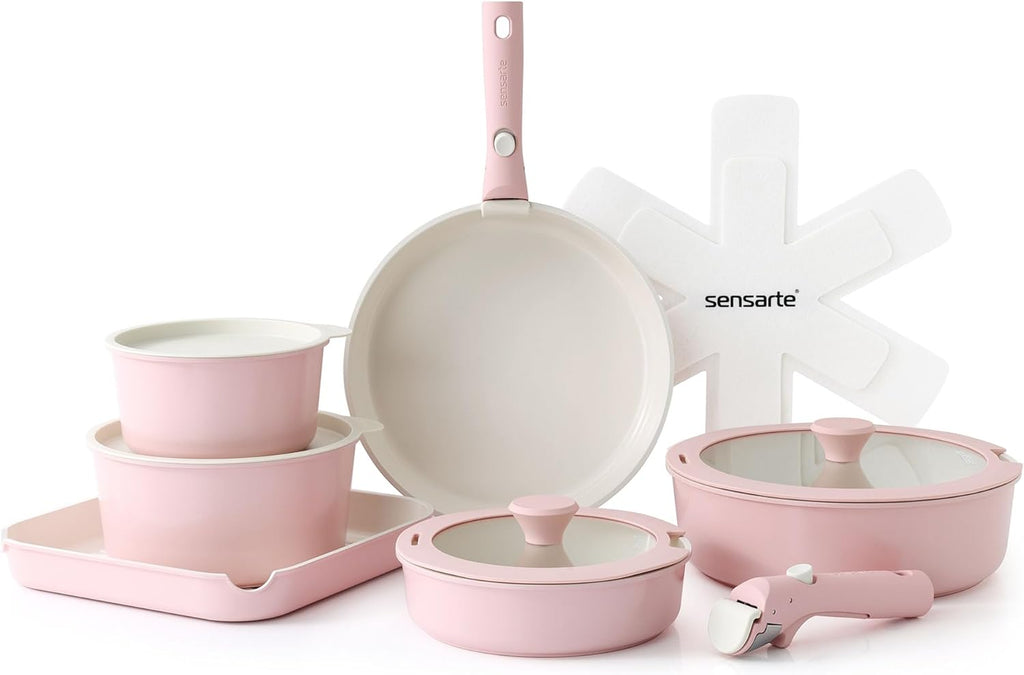SENSARTE 17 Piece Ceramic Pots and Pans Set, Nonstick Detachable Handle Cookware, Induction Kitchen Cookware Set with Removable Handle, Dishwasher ?? Oven Safe (Gray)