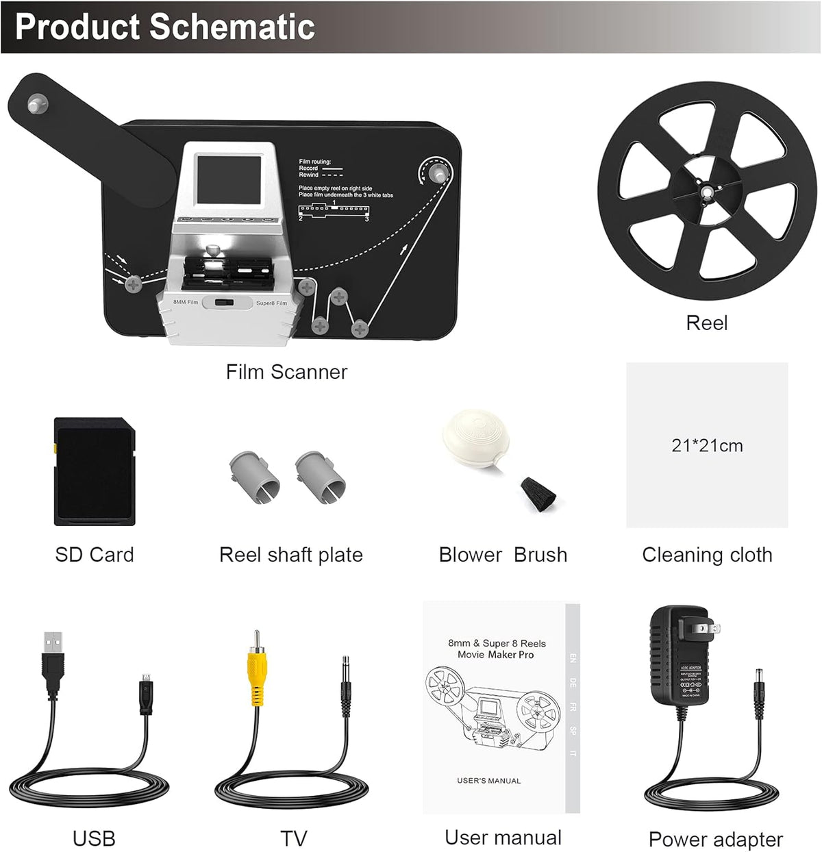 8mm & Super 8 Reels to Digital MovieMaker Film Sanner Converter, Pro Film Digitizer Machine with 2.4 LCD, Convert 5 inch and 8 inch 8mm Super 8 Film reels into 1080P Digital Videos