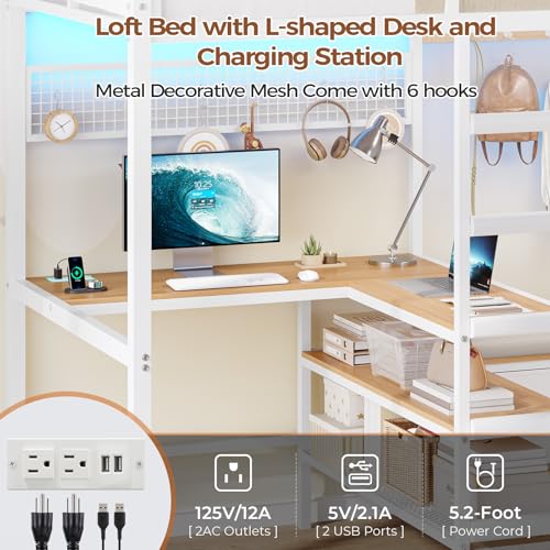DICTAC Twin Loft Bed with L-Shaped Desk,Storage Shelves and Charging Station Metal Loft Bed Twin Size with LED Lights,Coat Rack with Drawers and Stair,Top Bunk with Safety Guardrail for Teen,Black