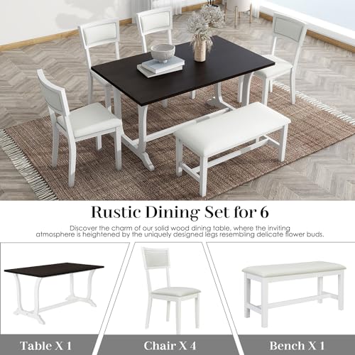 Wood Dining Table Set for 6 with 4 Upholstered Chair & 1 Bench, Mid-Century Modern Dining Room Table Set with Chairs Dinner Table Set for Dining Room, Kitchen, Natural