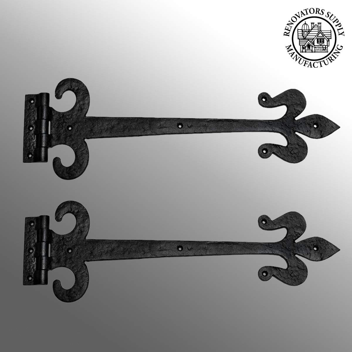 Renovators Supply Manufacturing Black Wrought Iron Door Strap Hinge 18 Long Antique Fleur De Lis Style Rust Resistant Flush Mount Door Hinges for Cabinet Or Barn Doors with Hardware Pack of 2