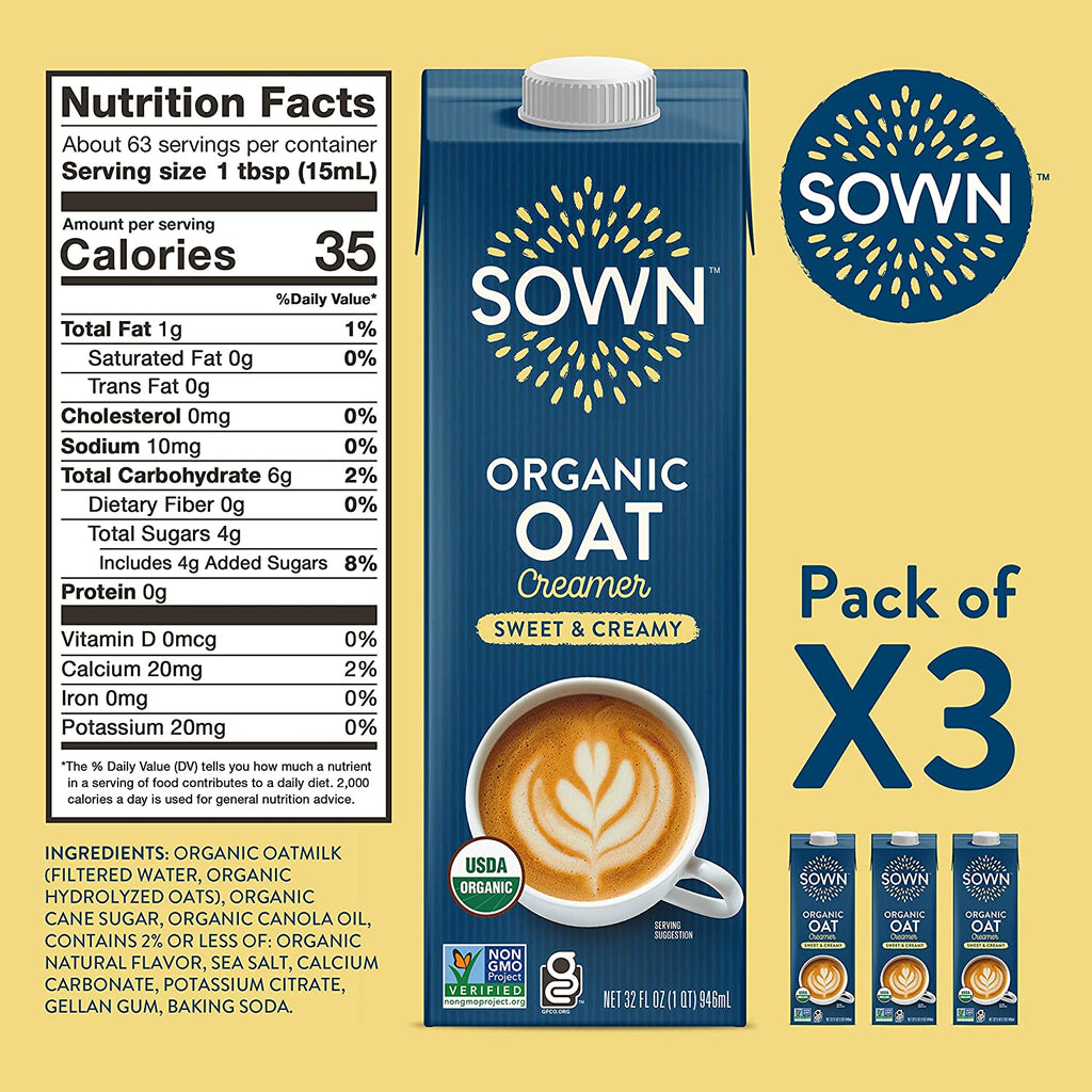 SOWN Organic Oat Creamer Unsweetened - Barista Oat Milk Non Dairy Coffee Creamer - Plant Based, Dairy-Free, Vegan, 0g Added Sugar, Gluten-Free, Non-GMO, Shelf Stable - 32oz (Pack of 6)