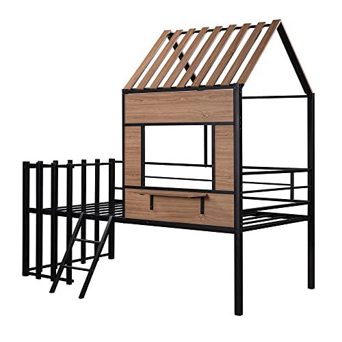 Harper & Bright Designs Kids House Beds Low Loft Bed Frame with Roof, Window, Guardrail and Ladder, Metal Twin Size Loft Bed for Kids Teens Girls Boys (Twin, White)