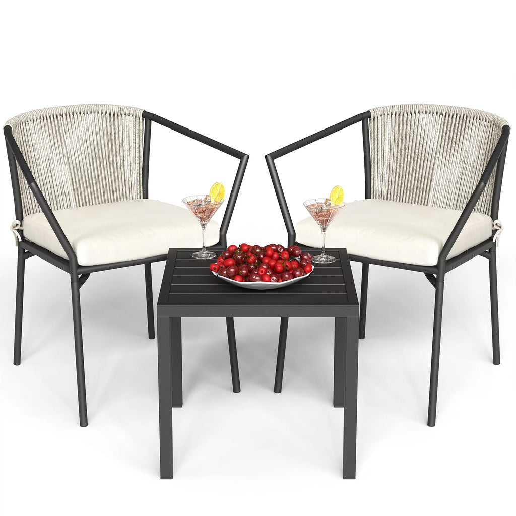 Dextrus 3-Piece Patio Conversation Bistro Set, Outdoor Wicker Dining Table Chairs Set, With 2 Stackable Chairs, Cushions, Side Table - White