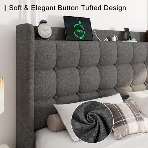 Queen Bed Frame, Upholstered Platform Bed with Charging Station, Modern Wingback Storage Headboard, Solid Wood Slats Support, No Box Spring Needed, Dark Gray