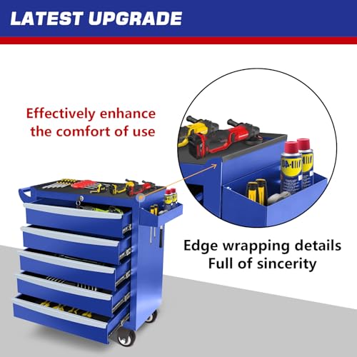 Rolling Tool Chest, Metal Tool Box with 5 Drawers, Lockable Garage Storage Cabinets Sliding Tool Drawer Cart on Wheels Toolbox Organization Workbench for Workshop Warehouse Repair Shop