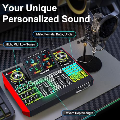 Podcast Microphone Bundle with Live Sound Card Audio Mixer, Podcast Equipment Bundle with 3.5mm Condenser Microphone for Pc/Phone Live Streaming Singing Gaming, Sound Board with Voice Changer, Denoise