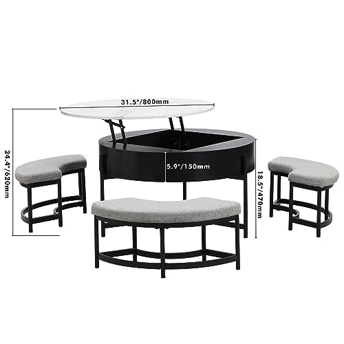 Linique Modern Round Lift-Top Coffee Table with Storage and 3 Ottoman, White + Black