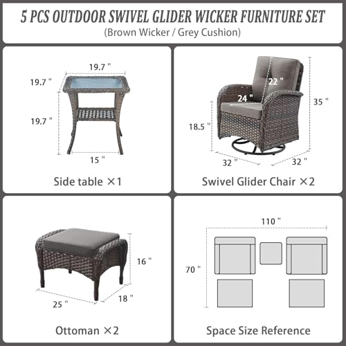 Patio Wicker Chairs Swivel Rocker - Outdoor Swivel Rocking Chairs Set of 2 with Rattan Side Table, Patio Swivel Glider Chair 3 Piece Patio Furniture Sets for Deck Porch Pool Brown/Blue