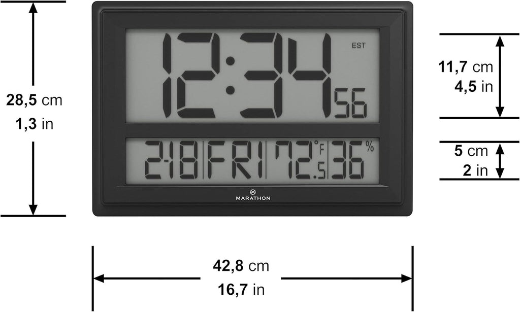 MARATHON Jumbo Atomic Wall Clock with Temperature and Humidity (Black)