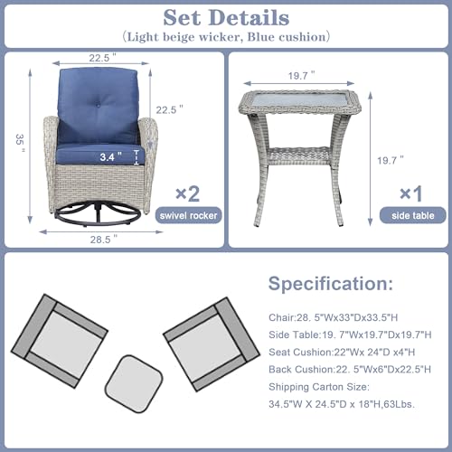 Patio Wicker Chairs Swivel Rocker - Outdoor Swivel Rocking Chairs Set of 2 with Rattan Side Table, Patio Swivel Glider Chair 3 Piece Patio Furniture Sets for Deck Porch Pool Brown/Blue
