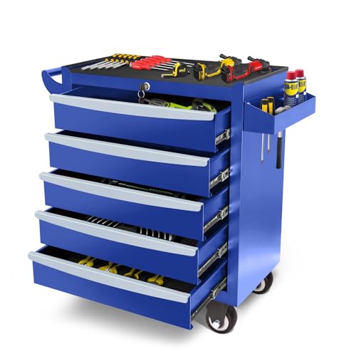Rolling Tool Chest, Metal Tool Box with 5 Drawers, Lockable Garage Storage Cabinets Sliding Tool Drawer Cart on Wheels Toolbox Organization Workbench for Workshop Warehouse Repair Shop