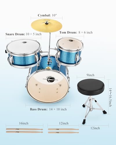 Kids Drum KIt Eastar 3-Piece for Beginners, 14 inch Drum Set with Adjustable Throne, Cymbal, Pedal & Two Pairs of Drumsticks, Junior Drum Set with Bass Tom Snare Drum, Metallic Sky Blue