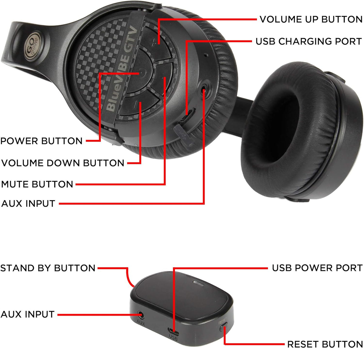 Over-Ear Headphones BlueVIBE GTV TV Headphones Wireless for Hearing Impaired & Seniors ?C Easy Setup Plug and Play for TV Watching, Hard of Hearing ?C 10 Hour Battery Life, No Audio Delay, 2.4GHz RF Transmitter