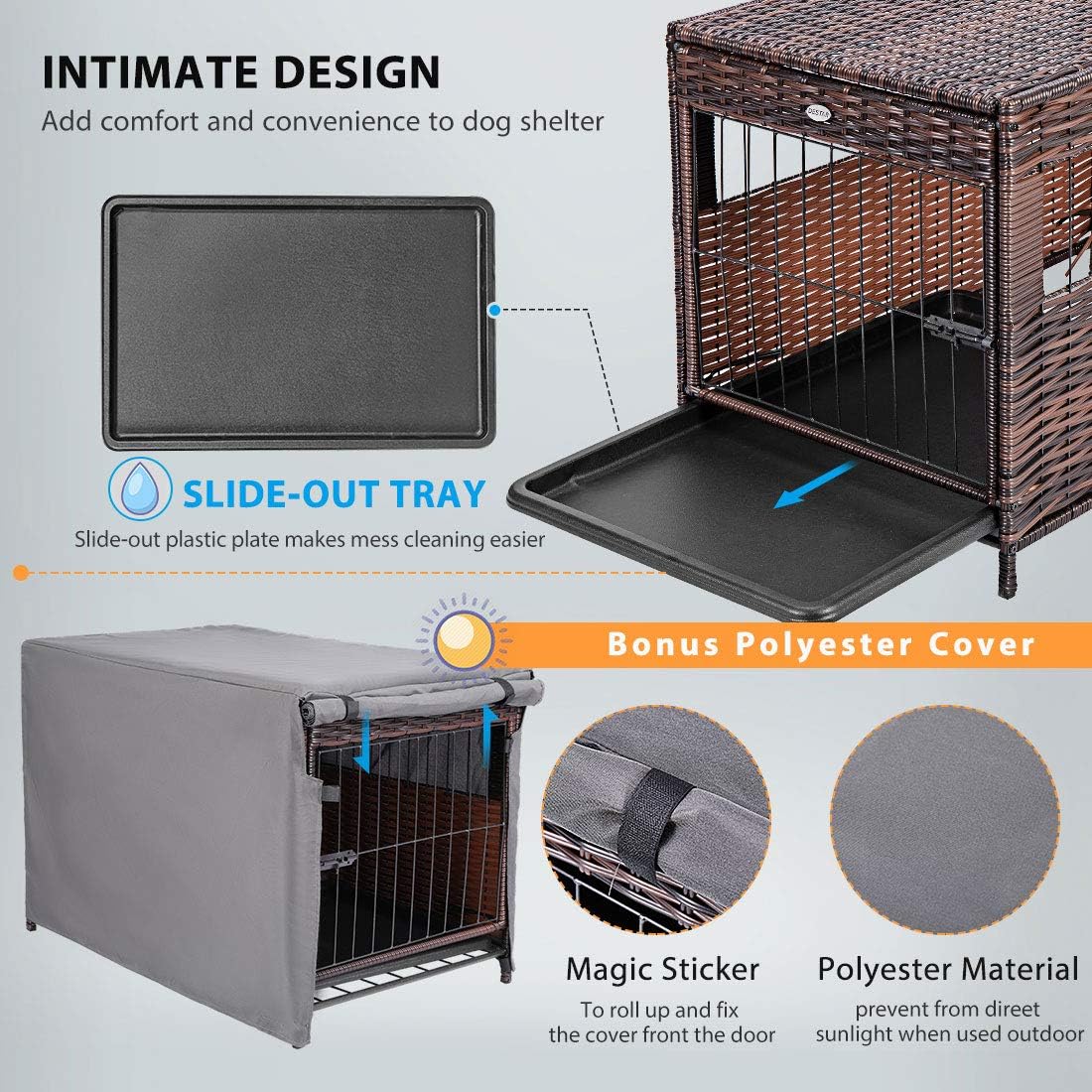 DEStar Heavy Duty PE Rattan Wicker Pet Dog Cage Crate Indoor Outdoor Puppy House Shelter with Removable Tray and UV Resistant Cover