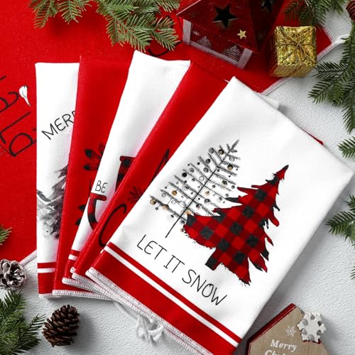 Geyoga 6 Pcs Merry Christmas Kitchen Towels Buffalo Plaid Xmas Tree Dish Towels Hand Towel Tea Towel Absorbent Soft Drying Cloth for Holiday Housewarming Gifts, 16x24 Inch(Gray White)