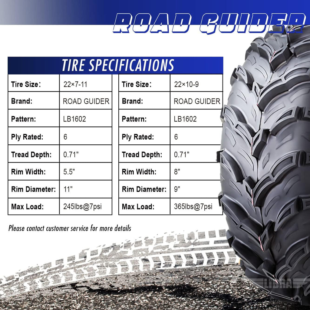 Set 4 Road Guider ATV/UTV Tires 22x7-11 Front & 22x10-9 Rear /6PR 20mm Deep Tread Honda Recon 250 Suzuki Ozark 250