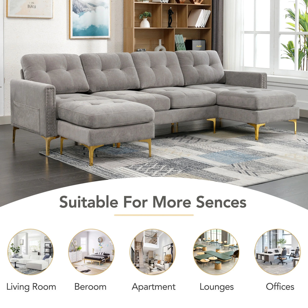 Soges U-Shaped Sectional Sofa with Ottoman, Convertible Couch for Living Room, 5 Seater Sofa, Gray, 110x54