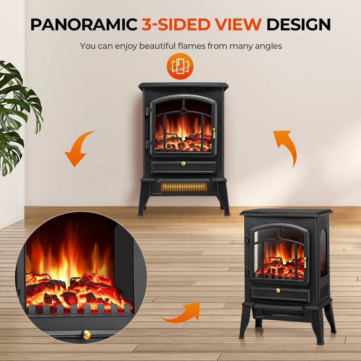 Electric Fireplace Heater with Thermostat Control, 15 Cathedral Stylish Small Fireplace Stove Heater, 3D Realistic Flame Effects, Overheating Safe Design