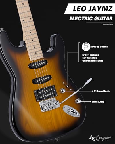 Leo Jaymz 39 Full Size ST Style Electric Guitar Starter Kit with SSH Pickup, 5W Portable Amp, Tuner, Gig Bag, Strap & Accessories (Violet Ocean)