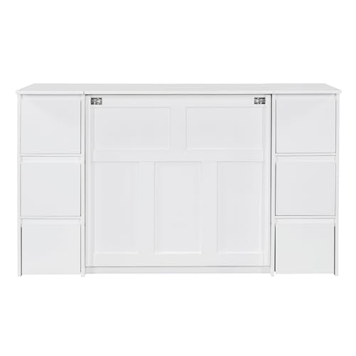 Twin Size Murphy Beds with Charging Station and Storage Drawers, Wood Cabinet Bed Frame, Wall Bed with Outlet & USB Ports for Home Office Studio, White