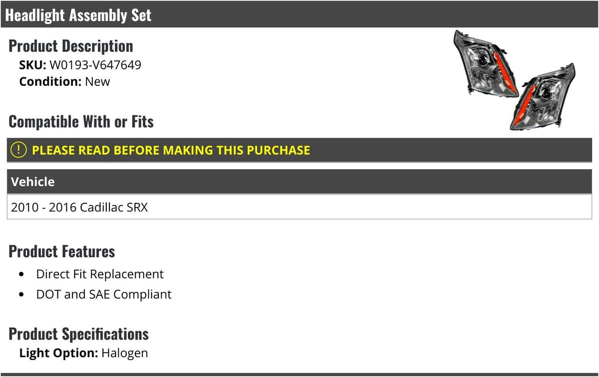 Headlight Assembly Set of 2 - Compatible with 2010-2016 Cadillac SRX