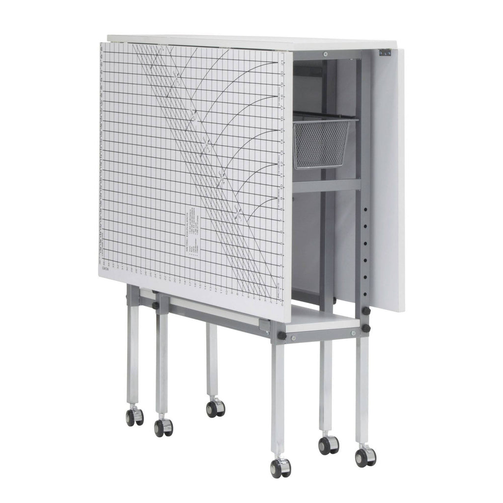 Sew Ready Mobile Folding Height Adjustable Quilting Fabric Cutting Table with Sewing Board Grid and Storage in Silver/White Top