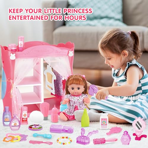 Baby Doll Toys Set, 14 Doll Toys, 25Pcs Dolls Care Toy Playset, Toddlers Toy Doll Set Incl Cradle Crib, High Chair, Milk Bottle, Pacifier, Diaper, Baby Gift for Age 3 4 5 6+ Years Old Girls Boys