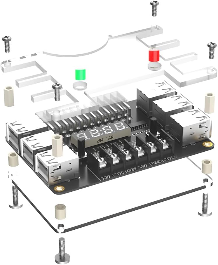 New Version ATX Power Supply Breakout Board and Acrylic Case Kit with 3.3V, 5V, 12V,-12V Output Voltage and 12 Ports USB, 3A Maximum Output