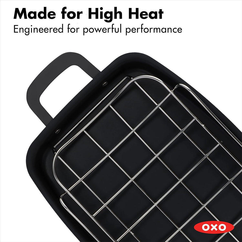 OXO Obsidian Pre-Seasoned Carbon Steel, 12 Wok Pan with Removable Silicone Handle Holder, Induction, Oven Safe, Black