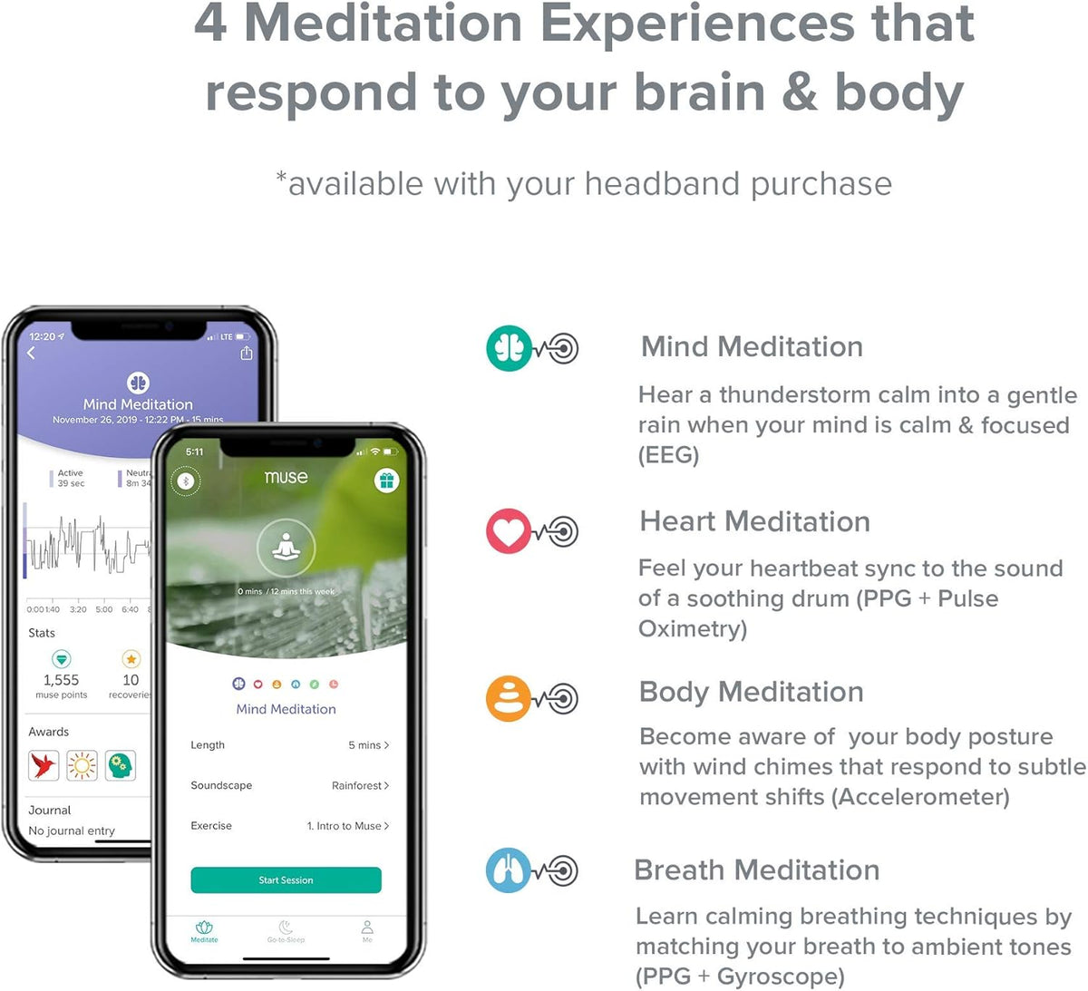 MUSE 2: The Brain Sensing Headband - Meditation Tracker Multi Sensor Headset Device - Responsive Sound Feedback for Brain Wave, Heart, Body & Breath Activity,Black/Grey