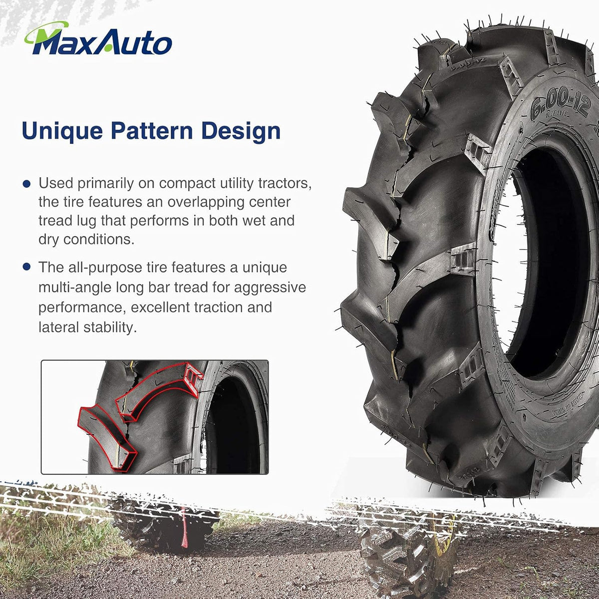 MaxAuto Farm Tractor Tire 6.00-12 Replace Kubota 7100 Series H167,2Pcs