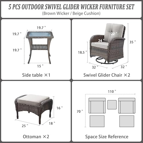 Patio Wicker Chairs Swivel Rocker - Outdoor Swivel Rocking Chairs Set of 2 with Rattan Side Table, Patio Swivel Glider Chair 3 Piece Patio Furniture Sets for Deck Porch Pool Brown/Blue