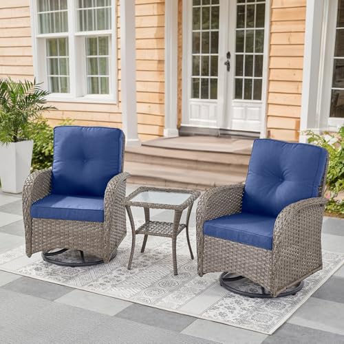 Patio Wicker Chairs Swivel Rocker - Outdoor Swivel Rocking Chairs Set of 2 with Rattan Side Table, Patio Swivel Glider Chair 3 Piece Patio Furniture Sets for Deck Porch Pool Brown/Blue