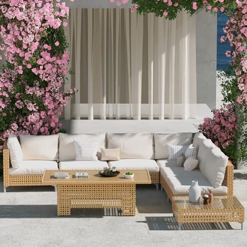Grand patio 7-Piece Wicker Patio Furniture Set, Boho Outdoor Conversation Set Sectional Sofa with Water Resistant Thick Cushions and Coffee Table, Cream