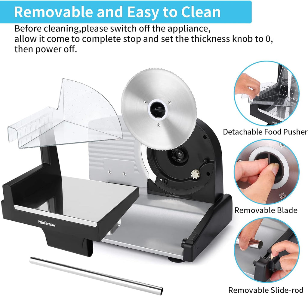 Meat Slicer, 7.5 Electric Deli Food Slicer with 2 Removable Stainless Steel Blades, Adjustable Thickness Meat Slicer for Home Use, Cuts Frozen Meat, Cheese, Bread, Vegetables, Easy to Clean, Black
