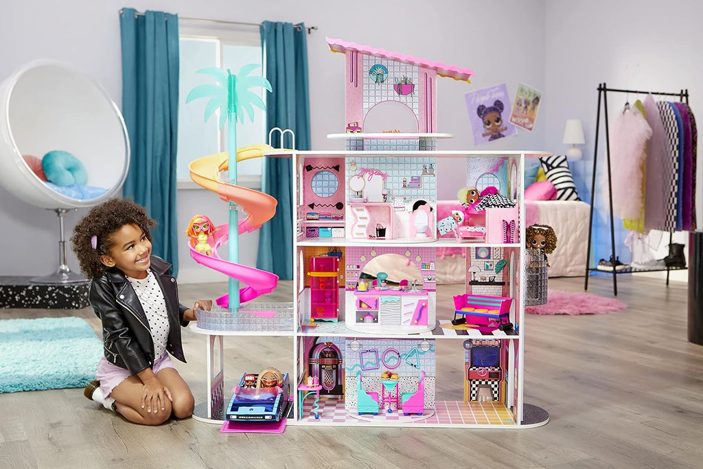 LOL Surprise OMG House of Surprises ?C New Real Wood Dollhouse with 85+ Surprises, 4 Floors, 10 Rooms, Elevator, Spiral Slide, Pool, Movie Theater Drive Thru, Rooftop- Toy Gift for Girls Ages 4 5 6 7+