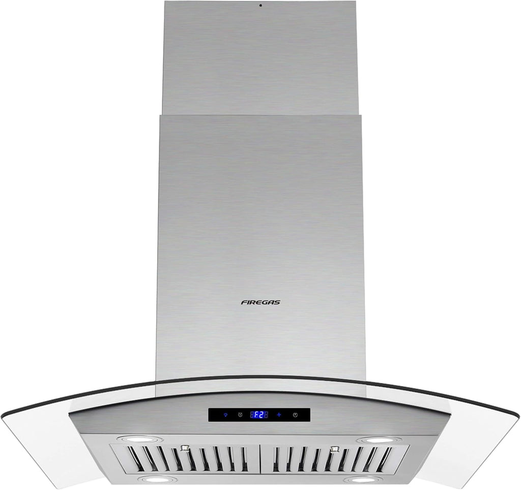 FIREGAS Island Range Hood 36 inch 450 CFM with Chimney,Tempered Glass,4 LED Lights,3 Speed Fan,Touch Control,Permanent Filter,Charcoal Filter,Stainless Steel,Island Mount,Ceiling Mount