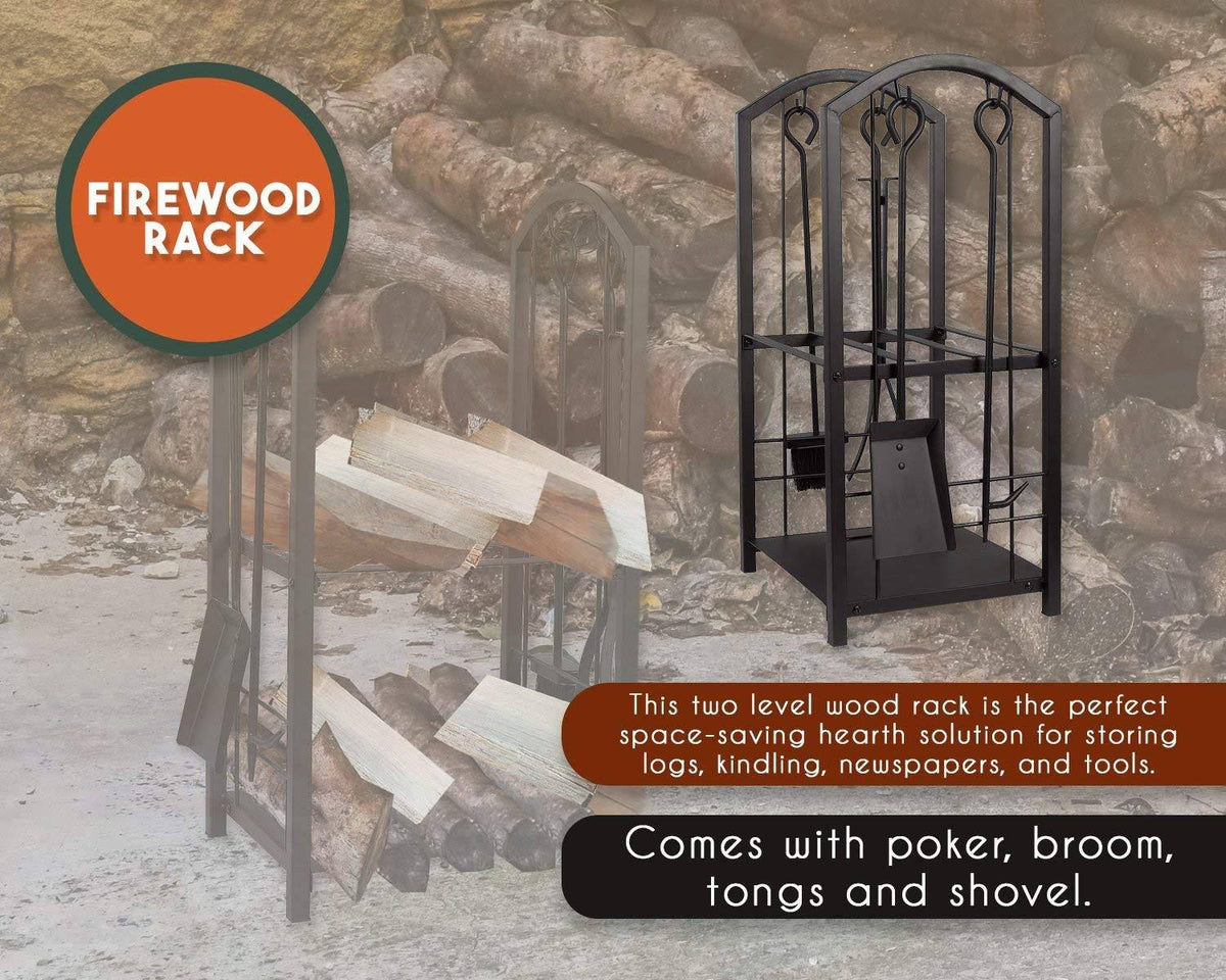 Juvale Firewood Rack with 4 Fireplace Tools - Fireplace Log Holder for Indoor An
