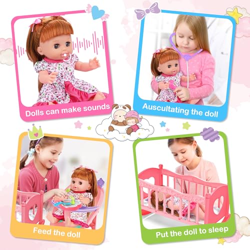Baby Doll Toys Set, 14 Doll Toys, 25Pcs Dolls Care Toy Playset, Toddlers Toy Doll Set Incl Cradle Crib, High Chair, Milk Bottle, Pacifier, Diaper, Baby Gift for Age 3 4 5 6+ Years Old Girls Boys