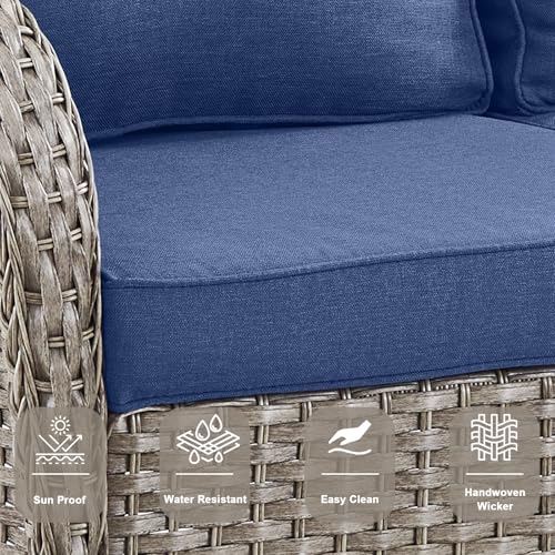 Patio Wicker Chairs Swivel Rocker - Outdoor Swivel Rocking Chairs Set of 2 with Rattan Side Table, Patio Swivel Glider Chair 3 Piece Patio Furniture Sets for Deck Porch Pool Brown/Blue