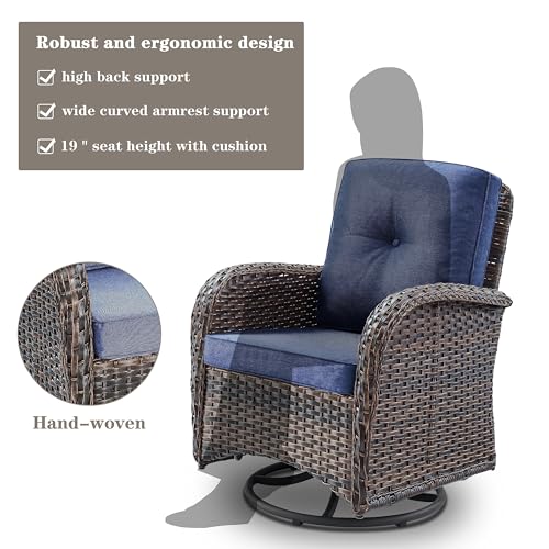 Patio Wicker Chairs Swivel Rocker - Outdoor Swivel Rocking Chairs Set of 2 with Rattan Side Table, Patio Swivel Glider Chair 3 Piece Patio Furniture Sets for Deck Porch Pool Brown/Blue