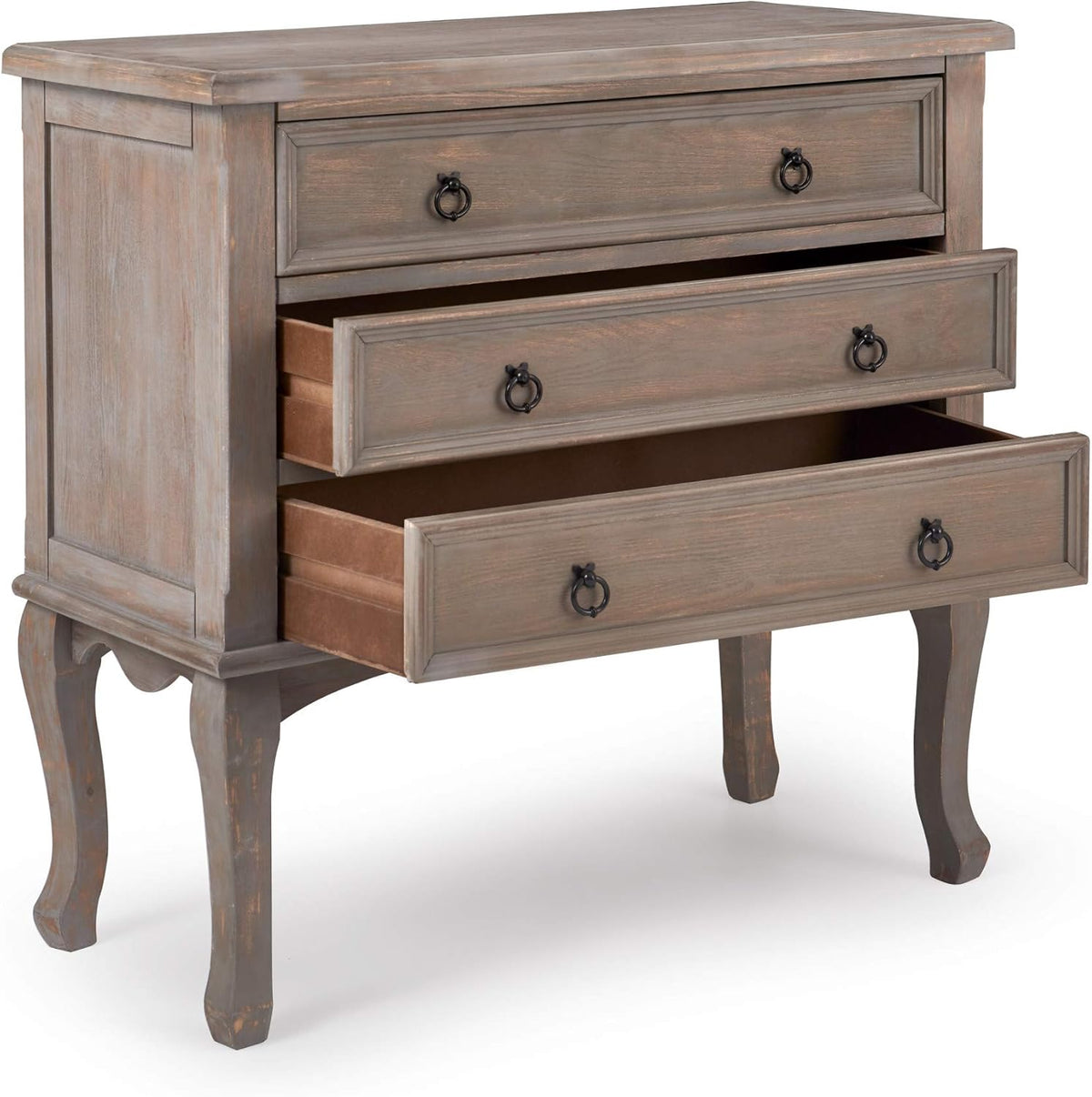 ClickDecor Thomas Antique Country Style Dresser Chest with 3 Drawers, Weathered Wood Nightstand Living Room Accent Furniture, Black Ring Handle, Curved Legs, Gray