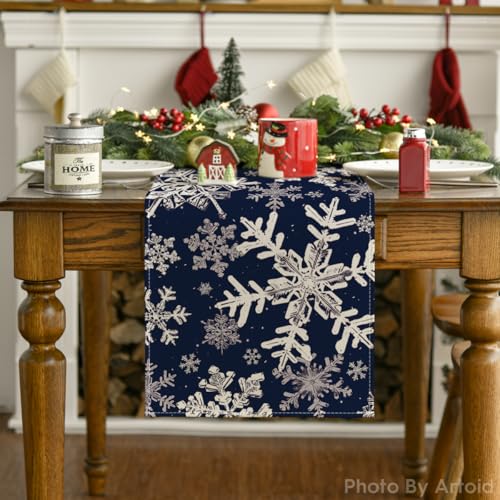 Artoid Mode Navy Blue Snowflakes Christmas Table Runner, Seasonal Winter Holiday Kitchen Dining Table Decoration for Home Party Decor 13x72 Inch