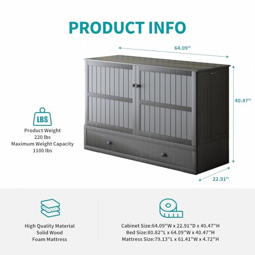 BALUS Murphy Bed Cabinet,Queen Murphy Bed with Tri-fold Mattress & USB Charging Station,Modern Wall Chest Beds with Folding Night Stand Trays and Storage Drawers for Bedroom Living Room,Grey-Blue