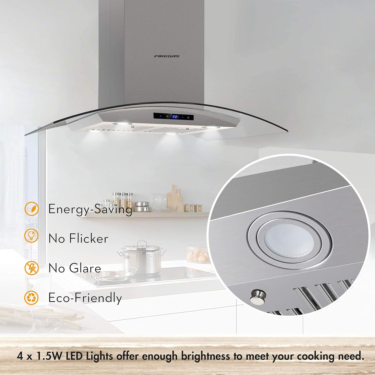 FIREGAS Island Range Hood 36 inch 450 CFM with Chimney,Tempered Glass,4 LED Lights,3 Speed Fan,Touch Control,Permanent Filter,Charcoal Filter,Stainless Steel,Island Mount,Ceiling Mount